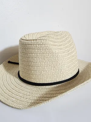 Straw Cowboy Hat with Black Ribbon Trim Unisex Adjustable Chin Strap NWOT thumbnail 5