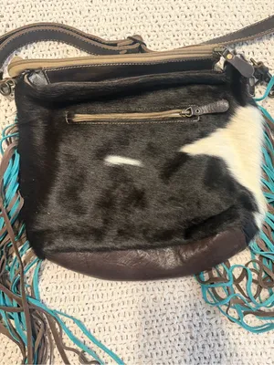 Myra Bag Black and White Cowhide Crossbody with Turquoise and brown Fringe thumbnail 3