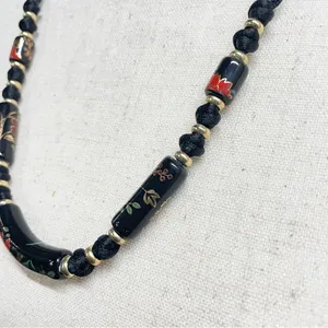 Vintage Black Floral‎ Ceramic Bead Cord Necklace Witchy Goth Romantic thumbnail 6