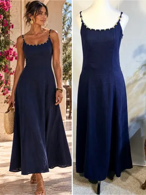 💥Calypso St. Barth Linen Blend Beaded Strap Navy Maxi Dress Sz S🧡 thumbnail 2