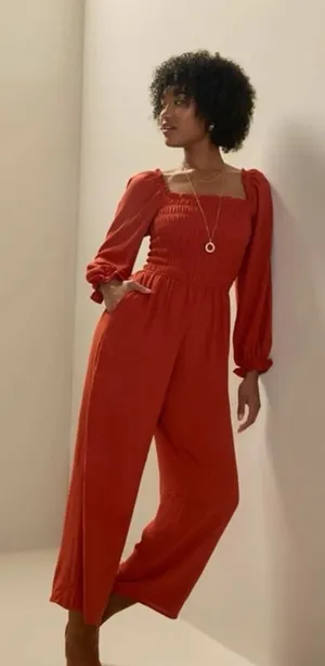 Francesca's Rust Orange Smocked Wide Leg Jumpsuit Long Sleeve Square Neck XL NWT thumbnail 1