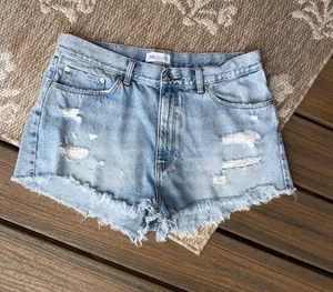 Zara Light Blue Distressed Denim Shorts thumbnail 1