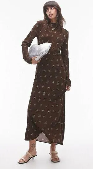 NEW Topshop Brown Ditsy Floral Print Satin Slip Long Sleeve Slim Maxi Dress Sz 2 thumbnail 1