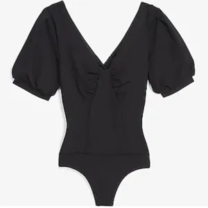 Express NWT Black Puff Sleeve Bodysuit V Neck Ruched Size XS Thong Body Suit thumbnail 1