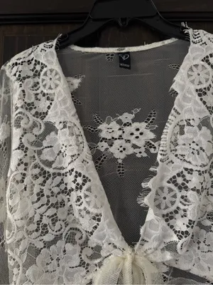 Sheer Lace Tie-Front Cropped Top - Off White thumbnail 2