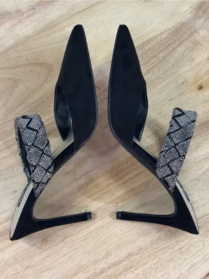 Nine West Greet Rhinestone Strap‎ Pointed Toe Mule Pumps Black Silver 7 thumbnail 5