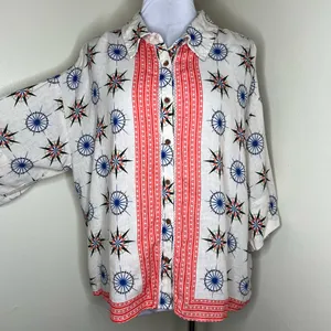 By Anthropologie Linen Blend Top MEDIUM Oversized Bohemian Button Printed Hippie thumbnail 4