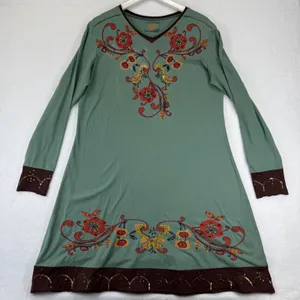 Double D Ranchwear Sage Green Beaded‎ Floral Embroidered Tunic Dress L READ thumbnail 1