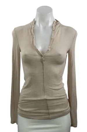 Aritzia Babaton Beige Wool V Neck Long Sleeve Henley T Shirt Tee Top Size XXS thumbnail 1