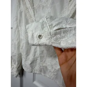 Ultra Pink White Embroidered Lace Victorian Mock Neck Cotton Blouse Top Medium thumbnail 3