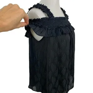Anthropologie Black Smocked Ruffle Strap Sleeveless Textured‎ Boho Tank Top S thumbnail 3