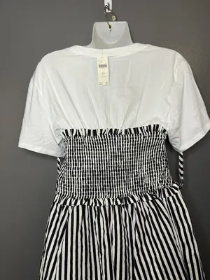 Maeve Anthropologie Dress Womens Petite Medium Black White Striped Smocked Midi thumbnail 7