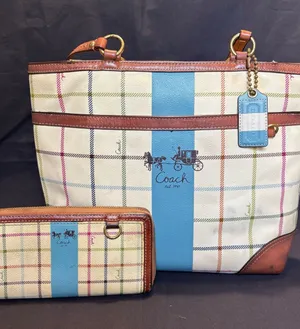 Vtg Coach Heritage Tattersall Plaid Coated Canvas Tote & Wallet with Blue Stripe thumbnail 1