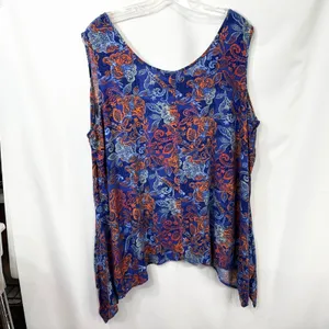 Woman Within 1X Tank Top 22/24W Blue Orange Paisley Sleeveless Rayon Coastal 750 thumbnail 2