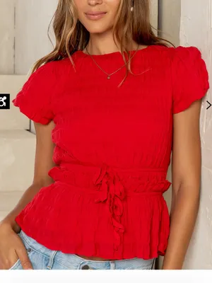Bohme Anya Textured Short Sleeve Blouse Top Red‎ Cotton Scoop Neck Tie Detail thumbnail 2