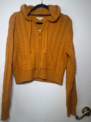 American Eagle Mustard Cable Knit Zip Hoodie Cropped Large thumbnail 1