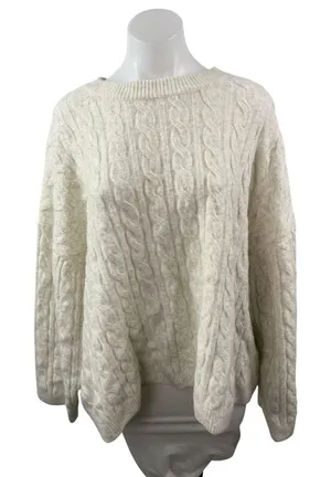 H&M Women's White Cable Knit Long Sleeve Crew Neck Loose Sweater Top Size XL thumbnail 1