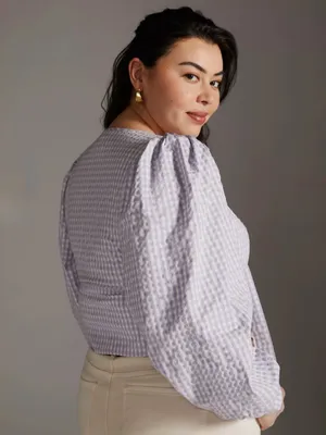 Maeve Anthropologie Cropped Gingham Bow Blouse Lavender Sz 14 Cottage Coastal thumbnail 3