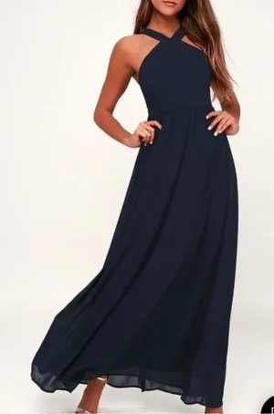 NWT Lulus Air of Romance Navy Blue‎ Maxi Dress LARGE thumbnail 1