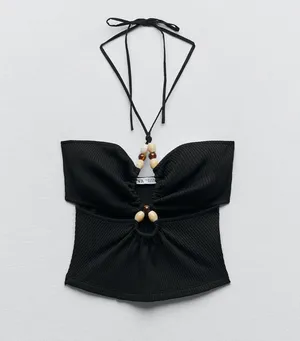 ZARA Black Ribbed Cut Out Crop Top With Beads thumbnail 8
