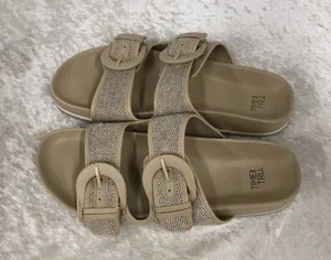 Time & Tru womens canvas size 9 beige & brown double strap slide on sandals thumbnail 1