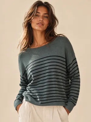 Old Navy Striped Sweater Pullover Green Black Classic Academia Cozy Buttery Soft thumbnail 1