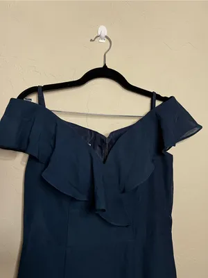 NWT JJs House Navy Blue Chiffon Off Shoulder Ruffle Front Slit Formal Maxi Dress thumbnail 6