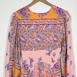 Free People Mixin' It Up Mini Dress XS Pink Orange Paisley V-Neck Boho Hippie thumbnail 7