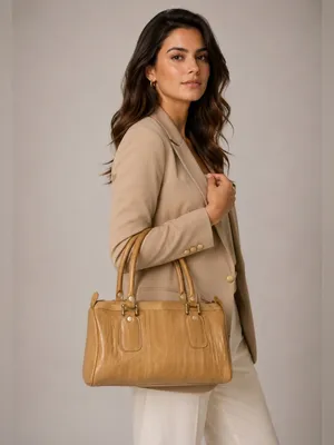 VTG Camel Eel Skin Leather Satchel Top Handle Tote Bag Neutral Minimalist thumbnail 2