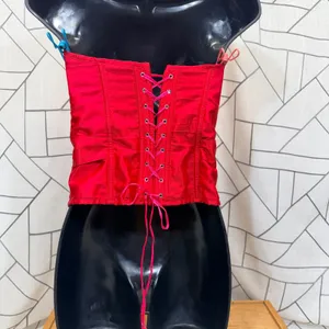 Victoria's Secret Corset Top 36C Red‎ Excellent Lace Up Satin Polka Dot Bow thumbnail 3
