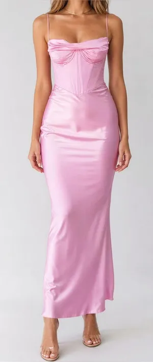 HOUSE OF CB Charmaine Corset Satin Maxi Dress, Pink, Small thumbnail 1