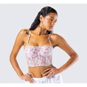 Fairycore Coquette Pink Green Floral Embroidered Corset Top Finesse Olivia M thumbnail 5