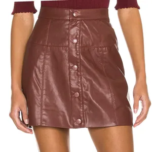 Free People Maisie Vegan Mini Skirt Brown Faux Leather Button Front Size 12 thumbnail 1