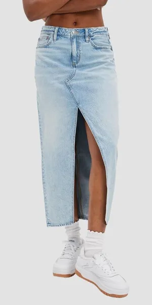 American Eagle Dreamy Drape Light Wash Low Rise Denim Maxi Skirt Front Slit Jean thumbnail 1