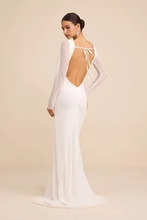 Lulus Mariani White Sequin Beaded Backless Long Sleeve Maxi Dress Medium NWT thumbnail 2