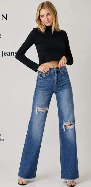 Risen Jeans High Rise Ripped Wide Leg Jeans Distressed Raw Hem Size 1/25 thumbnail 1