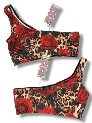 NWT Boohoo Leopard & Rose Print One Shoulder High Waist Bikini Set Size 10 thumbnail 4