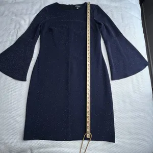 Lauren‎ Ralph Lauren Dress Womens 8 Navy Blue Bell Sleeve Metallic Sheath Party thumbnail 5