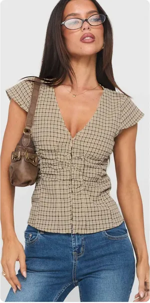 Princess Polly Womens Beige Check Indulgence Corset Gingham Ruched Top Size 4 thumbnail 1