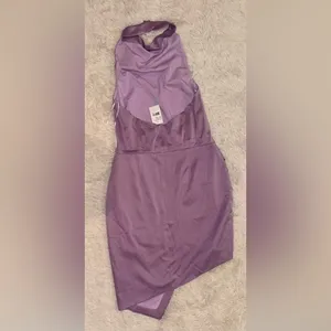 NWOT Elliatt Camo Asymmetric Satin Cocktail Dress in Lavender Sz L thumbnail 5