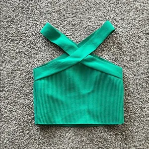 Green Ribbed Halter Crop Top‎ Womens M Cross Front Festival Summer thumbnail 4