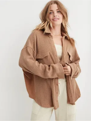 Aerie LumberJane Waffle Shirt Oversized Shacket in Beach Dune Size XXL thumbnail 6
