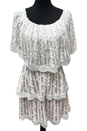 Show Me Your Mumu Ivory Lace Champagne Ruffle BOHO Dress Wedding Cap Sleeve SZ L thumbnail 1