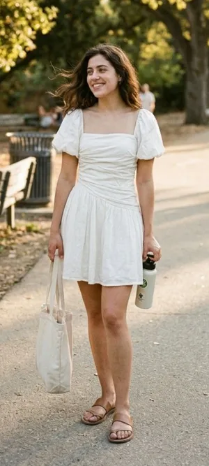 Charming Off-White/Cream Ruched Mini Dress – Puff Sleeves & Smocked Back small thumbnail 1