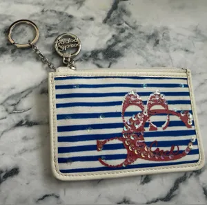 Coach POPPY RARE Blue & White Striped Card Holder WITH SEQUINS thumbnail 1