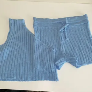 Boohoo Knit Sweater pajama set small Sky Blue one shoulder top & shorts ribbed thumbnail 2