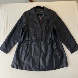 Centigrade Leather Coat women‎ L Black Floral Lining Mid Length Jacket vintage thumbnail 2