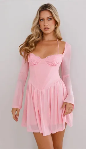 Hello Molly Tip Toe Lace Mini Dress Pink thumbnail 1