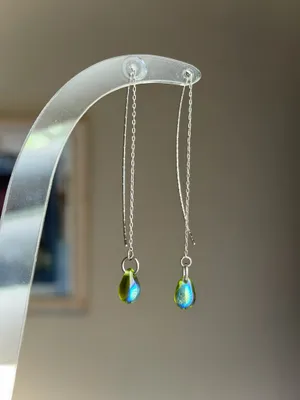 Handmade aurora olive green mini teardrop Czech glass simple minimalist thread earrings💚🫒 thumbnail 4