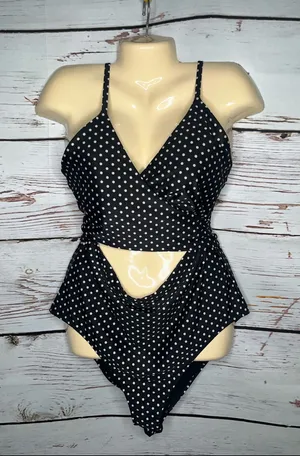 Aerie Size XL Long Black & White Polka Dot Wrap One Piece Bathing Suit Swimsuit thumbnail 1